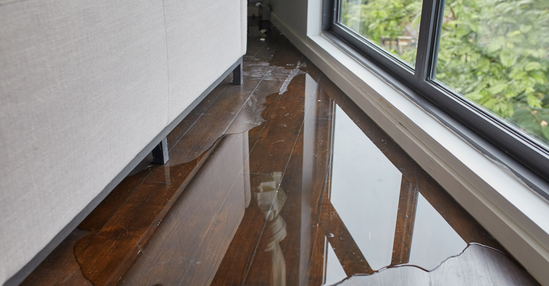 Leaking windows causing damage to wooden floors inside a home