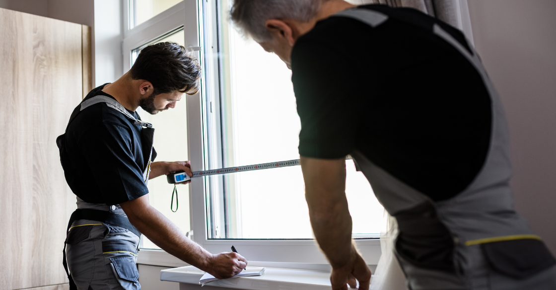 Men measuring a window