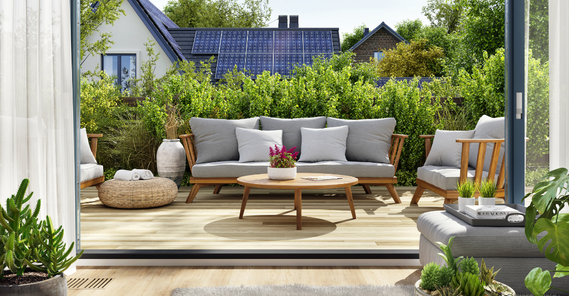 Patio doors opened up onto a backyard deck