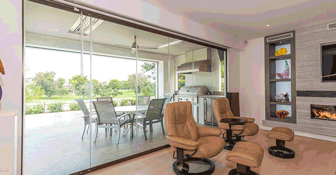 Living room with Cover Glass frameless glass patio doors